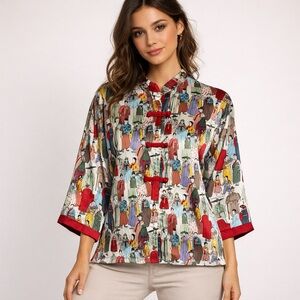 Natori Dynasty Pajama Top Satin Size Medium Mandarin Collar Vintage Loungewear